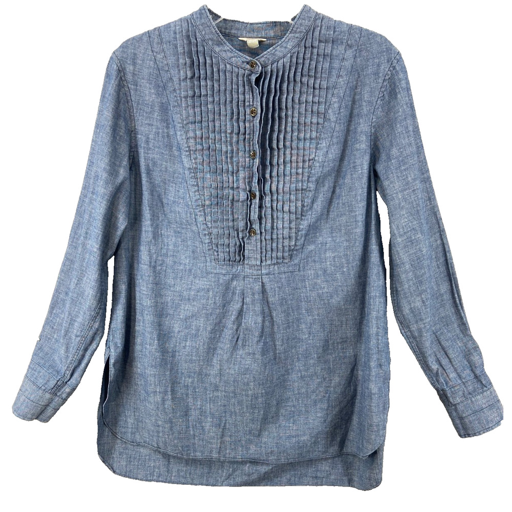 Fossil Shirt Womens Sz Large Pleated Tunic Front Mock‎ Neck Chambray Long Sleeve
